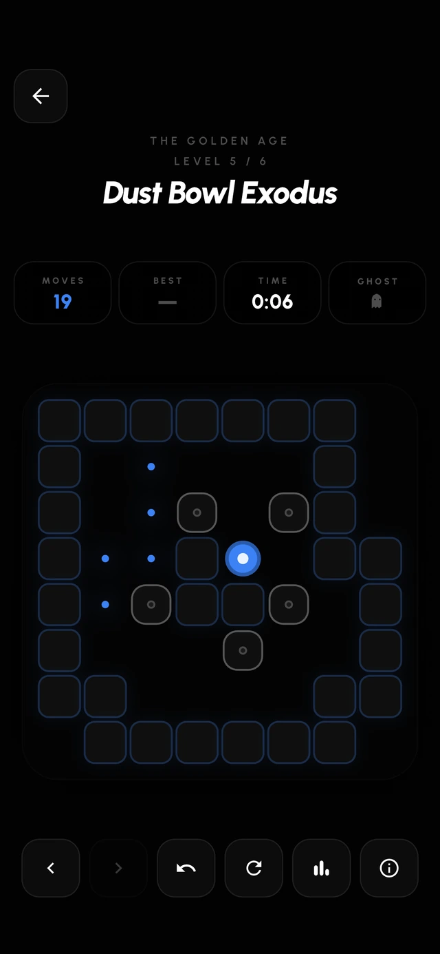 LURDIQ Base mode — a lit Sokoban board with undo available